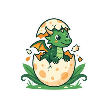 Cute green dragon hatching from egg.