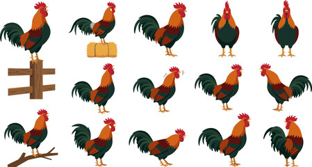Farm Rooster Character Vector Icon Set Featuring Red Crested Roosters Crowing Standing on Fence Wooden Branch and Hay Bale in Various Poses © MdMostakin