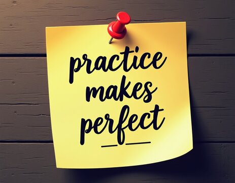 Yellow sticky note with red pushpin says practice makes perfect. Message conveys dedication effort and skill development for personal or business growth.