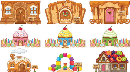 Obraz premium Sweet Candy Land Village Icon Set with Waffle Houses, Cupcake Cottages, Fruit Roof Cabins, and Gummy Bear Rainbow Arch Vector Illustration Elements