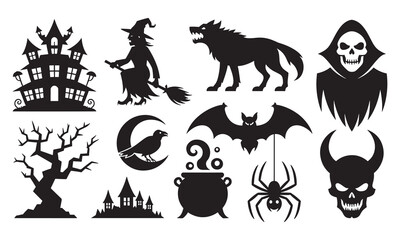 Fototapeta premium Halloween set with black silhouettes of a haunted house, witch on broom, werewolf, grim reaper, bare tree, raven on moon, bat, cauldron, spider, and horned skull