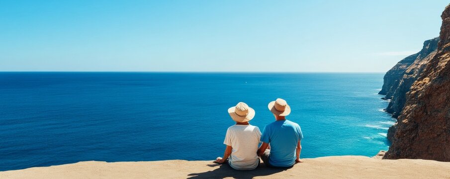 Back view of a couple in straw hats sitting on a cliff edge overlooking a vast blue ocean, concept of peaceful travel and connection, Travel, Vacation