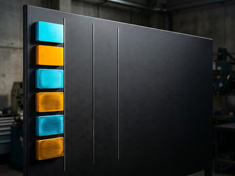 Industrial Kanban board for productivity management in a workshop setting with colorful magnetic labels on a matte black surface