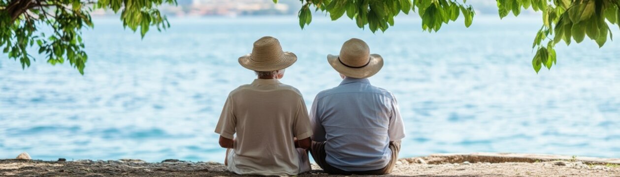Back view of an elderly couple in straw hats sitting by the shimmering sea, framed by overhanging leaves, capturing a serene concept of retirement and companionship, elderly, love