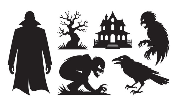 Halloween silhouette collection featuring a man in a long coat, a bare tree, a haunted house, a hunchbacked monster, and a large crow isolated on a white background for