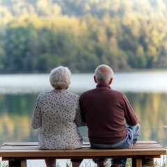 Fototapeta premium Back view of an elderly couple sitting together on a wooden bench by a serene lake, reflecting on life, soft natural lighting, tranquil atmosphere, companionship, Senior Couple, Nature
