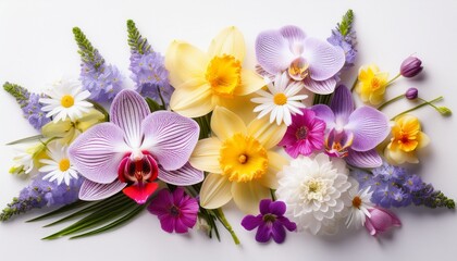 Obraz premium Colorful Spring Flower Arrangement With Orchids Daffodils Daisies And Lilacs On White Background
