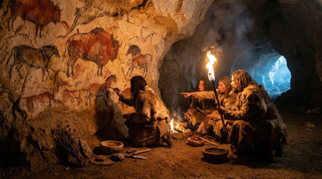 Prehistoric people painting bison and horses on cave wall lit by torches and fire in dark cave.