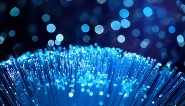 Close Up Of Blue Fiber Optic Strands With Bright Bokeh And Light Particles