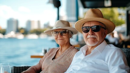 Fototapeta premium Portrait of an elegant senior couple in sun hats and sunglasses sitting at a sunny waterfront cafe, soft natural lighting, high-quality photography. Retirement, lifestyle