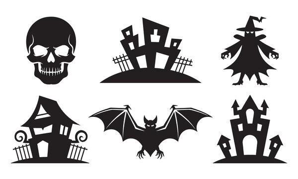 Set of six black halloween silhouettes including a human skull, a haunted house on a hill, a witch in a pointed hat, a cottage with a fence, a large bat, and a gothic castle structure