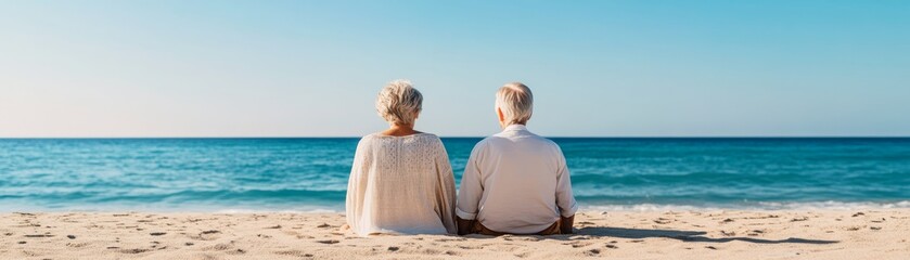 Fototapeta premium Rear view of a silver-haired senior couple in white attire sitting on a sunlit beach, peaceful horizon, minimalist composition, eternal love, serenity. Elderly, beach life