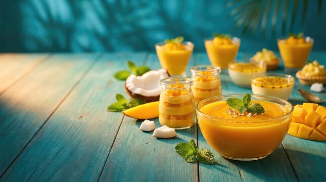 Assorted mango desserts and fruit treats on blue wooden table.