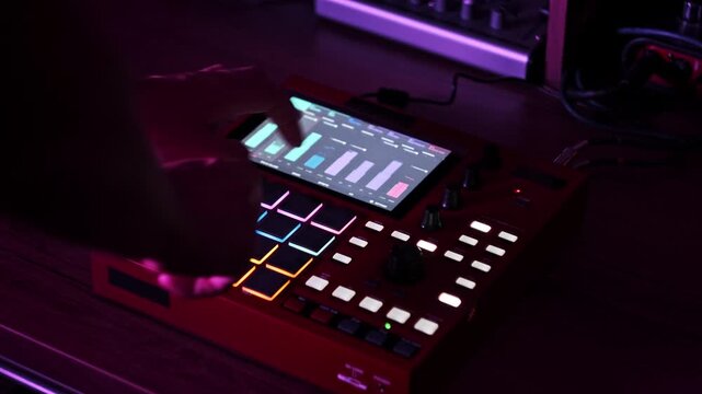 A music producer's hands play a red digital beatmaker sampler with multi-colored illuminated pads. The dimly lit studio environment highlights the graphic display and controls.