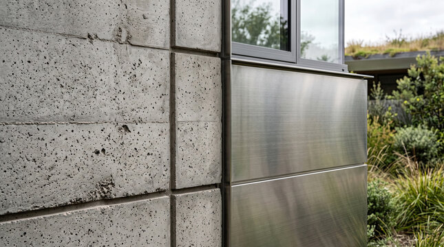 Modern building facade with textured concrete blocks and metal cladding