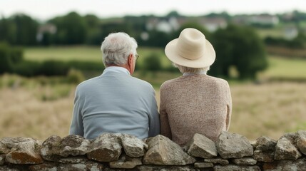 Fototapeta premium Rear view of an elderly couple sitting on a stone wall overlooking a scenic rural landscape, capturing themes of companionship and peaceful retirement, senior lifestyle, countryside