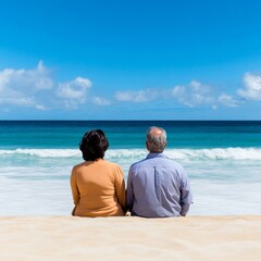 Fototapeta premium Rear view of an elderly couple sitting on white sand, overlooking the turquoise ocean and blue sky, symbolizing peaceful retirement and companionship, retirement, togetherness