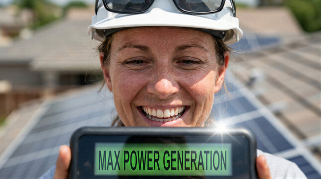 Woman electrical engineer wearing white hard hat holding digital screen showing max power generation on rooftop with solar panel. Concept of renewable energy, sustainability and efficiency