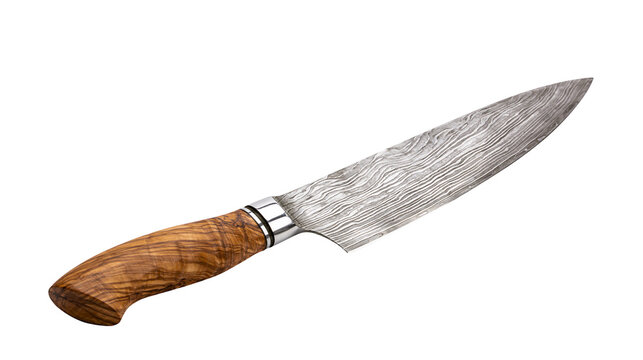 Chef s knife with Damascus steel blade and olive wood handle, isolated on transparent background