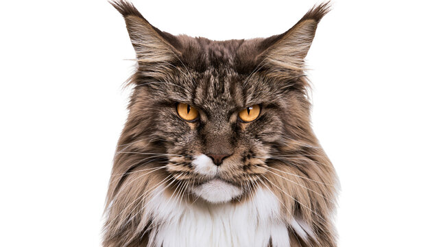 Majestic Maine Coon cat face with piercing orange eyes, isolated on transparent background