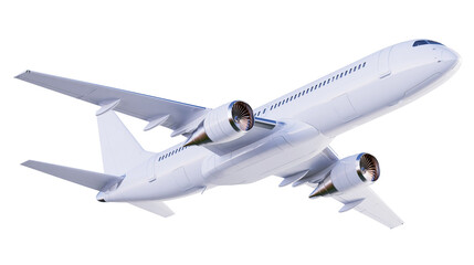 Modern white passenger jet airplane with twin engines, isolated on transparent background © Mia