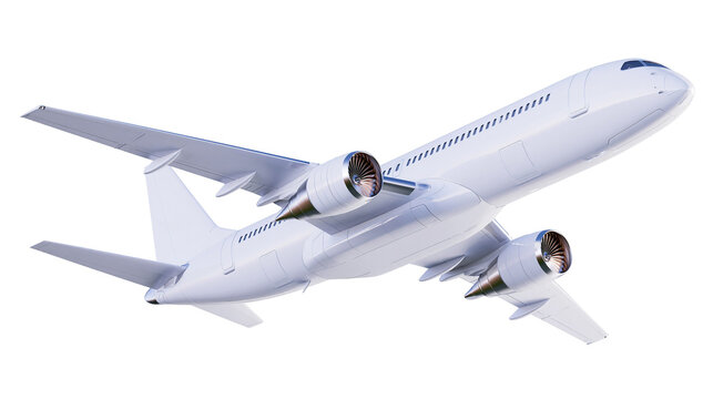 Modern white passenger jet airplane with twin engines, isolated on transparent background
