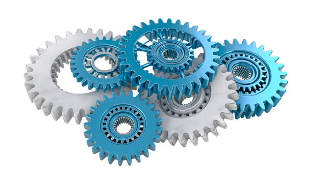 Interlocking blue and silver gears meshing together, isolated on transparent background