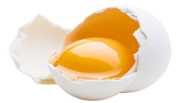 Broken white egg with bright yellow yolk, isolated on transparent background