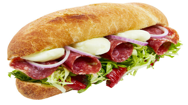 Hearty Italian sub sandwich with salami mozzarella lettuce and red onion, isolated on transparent background