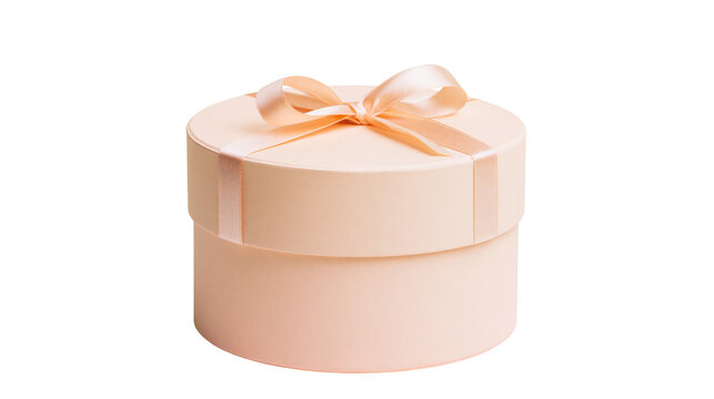 Round peach gift box with satin ribbon bow, isolated on transparent background