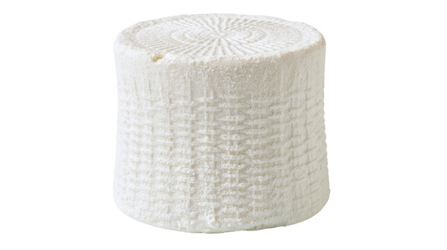 Cylindrical fresh ricotta cheese with woven texture, isolated on transparent background