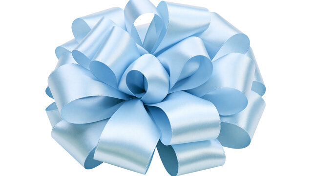 Fluffy pale blue satin ribbon bow perfect for gift wrapping, isolated on transparent background