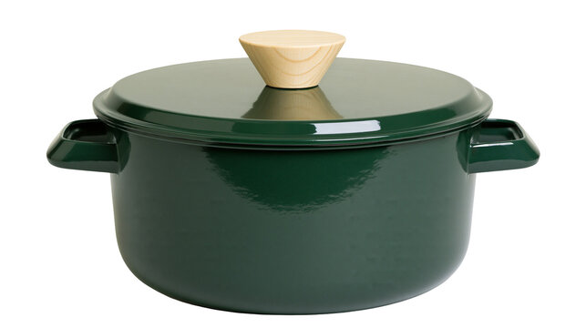 Deep green enamel pot with wooden knob lid, isolated on transparent background