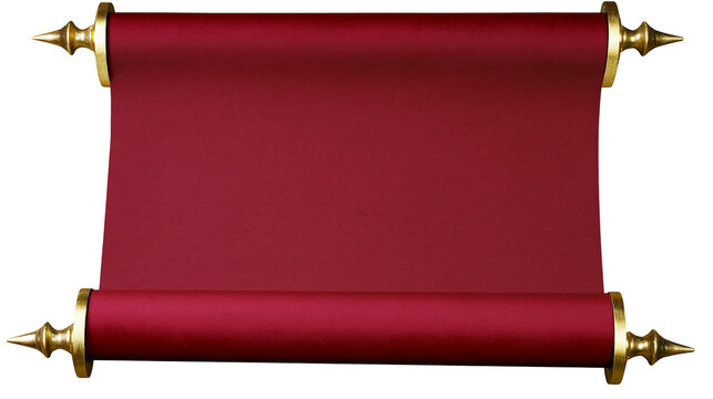 Antique red scroll with ornate gold finials, isolated on transparent background