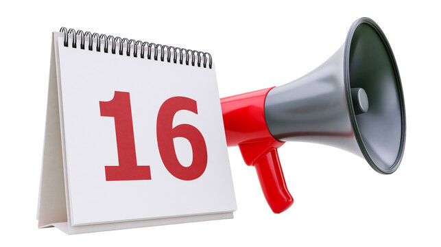 Red megaphone announcing date 16 on a flip calendar, isolated on transparent background