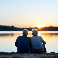 Fototapeta premium Rear view of an elderly couple sitting together by a calm lake, captured in a peaceful sunset silhouette, representing lifelong companionship and tranquility, sunset, elderly couple