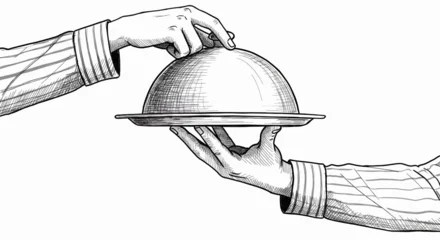 vintage sketch illustration of hands serving food with cloche © latifah