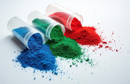 Three vials of blue green and red powder are spilled on a white surface. Small granules of colored masterbatch pigment create abstract patterns. These materials are used in plastic production.