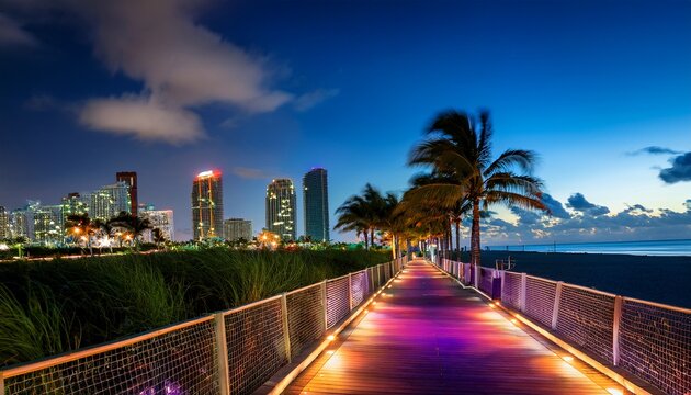 miami beach florida at night south pointe park colorful lights and pedestrian path by the ocean and panorama of downtown in the background famous tourist destination