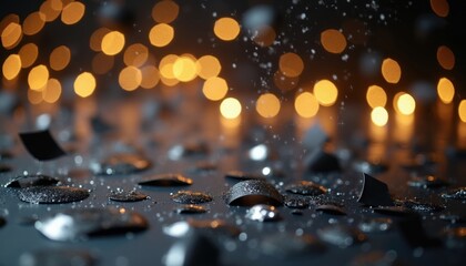 Fototapeta premium Black and silver confetti sparkles on a dark surface. Out of focus warm lights create a festive glow. Celebratory mood for New Years Eve party or event.