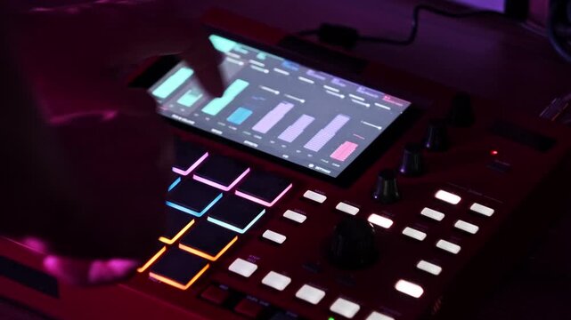 Musician's hands skillfully play glowing MIDI pads on a digital beatmaker with dynamic color shifts. The vibrant studio atmosphere enhances the creative performance.