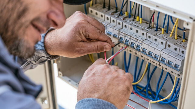 Electrician wiring residential fuse box with precision electrical installation work, professional technician connecting circuits, home power system maintenance, safety inspection