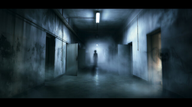 Dark Haunted Asylum Interior with Ghostly Silhouette and Spooky Halloween Setting Wide-angle view of a forgotten asylum hallway, flickering fluorescent lights, peeling paint, old d
