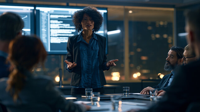 conference. Confident Diverse Female Speaker Addressing Business Professionals During Late Night Conference Meeting Confident diverse female speaker presenting ideas to business pr