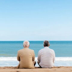 Fototapeta premium Two elderly men in formal wear sitting side-by-side on a sandy beach, viewed from behind, gazing at the ocean horizon, minimalist composition, tranquil friendship, solitude, friendship