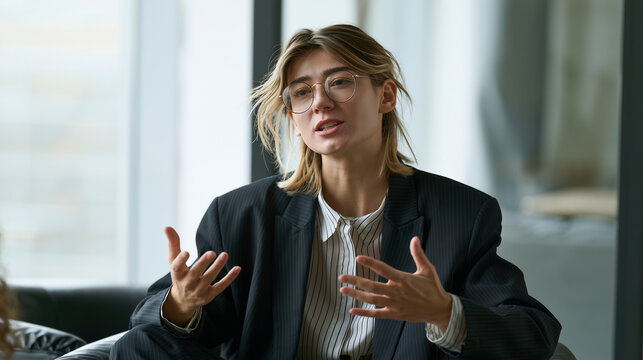 Professional Woman in Suit Sharing Ideas During Corporate Meeting or Interview Focused young businesswoman sitting in a modern office, speaking confidently and using expressive ges