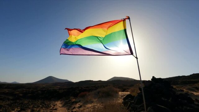 Rainbow flag waving in the wind against a clear blue sky and desert landscape, with the sun flaring from behind the colorful fabric, representing the LGBTQ community, freedom, and equality