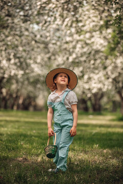 Child in blooming orchard on spring day with basket