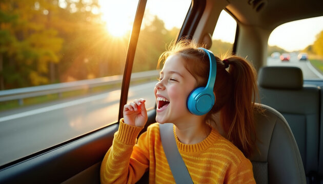 Girl in car with headphones sings along to music on sunny road trip. She is happy and joyful enjoying car ride. Passenger travels and listens to audio.