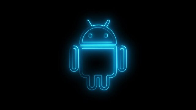 Glowing neon android robot animation on black background, for tech branding, blue
